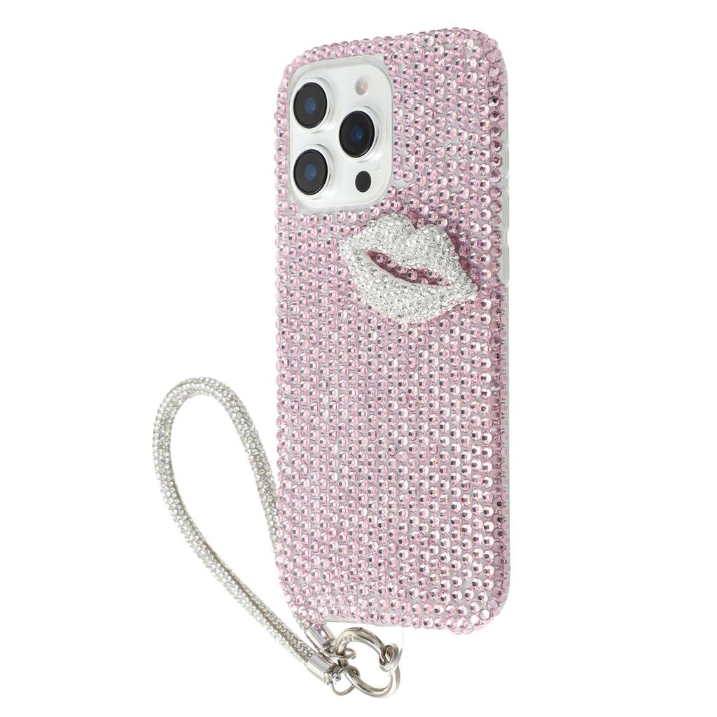 For iPhone 16 Pro Max Case with Strap Full Rhinestone Lip Decor TPU+PC Phone Back Cover