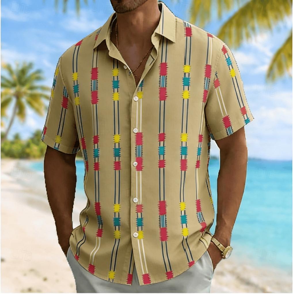 Men's Color Block Geometric Vertical Stripe Print Short Sleeve Shirt, Summer Casual Turn-Down Collar Blouse, Loose Fit Top