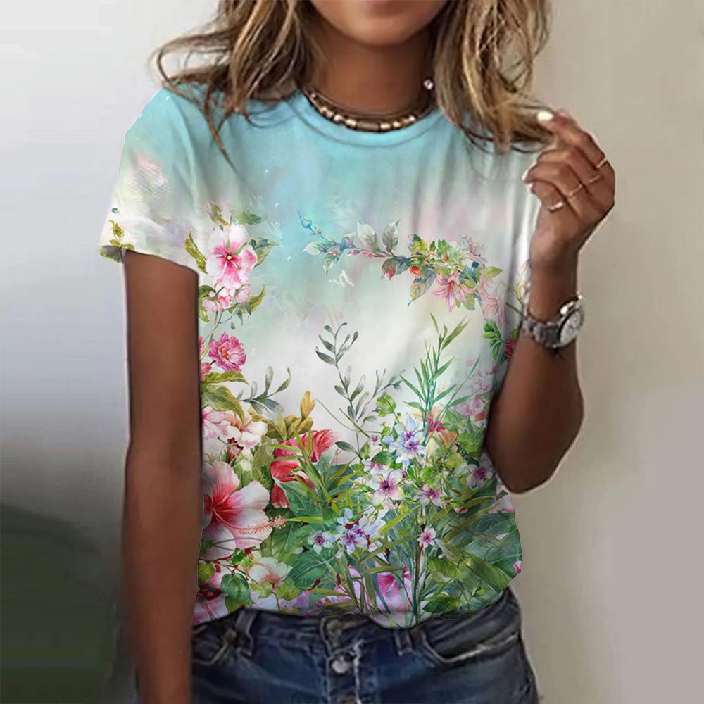 

Летняя женская футболка с 3d цветочным принтом и круглым вырезом, повседневная женская футболка, женские топы, футболки с короткими рукавами в стиле Харадзюку, модная женская одежда 3XL