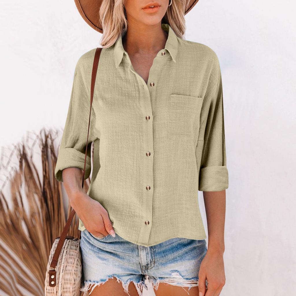 Women's Loose Cotton Linen Solid Color Long Sleeve Cardigan Irregular Pocket Shirt Top