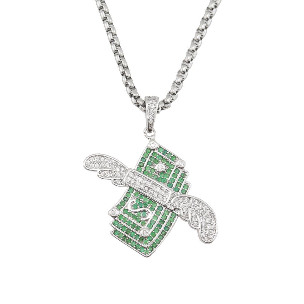 Euro-American Rap Style Hip Hop Dollar Wings Zircon Pendant Necklace for Men & Women