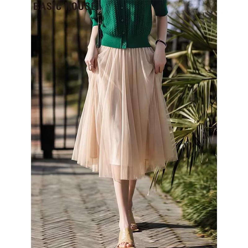 

Basic House Apricot Mesh A-Line Midi Skirt L