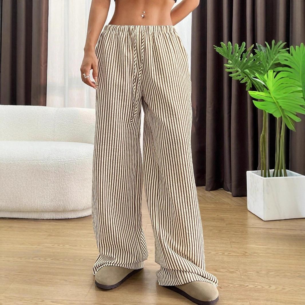 Autumn Cross border Women s Fashion Loose Striped Drawstring Elastic Waist and Floor Pants from Europe and America 3XL бежевый