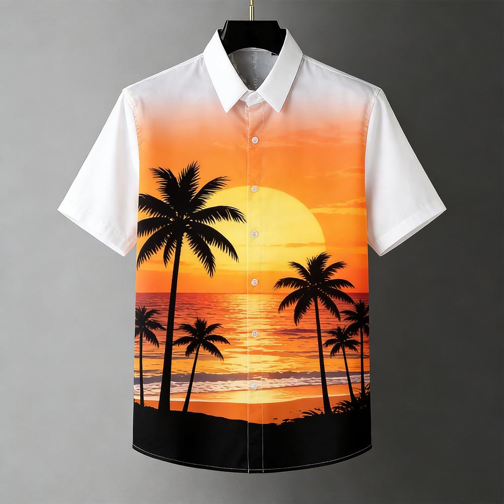 Men's Summer Fashion Short Sleeve Lapel Shirt Fun Pattern Sunset Coconut Tree 3D Printed Shirt Beach Beach Clothes Casual Tops