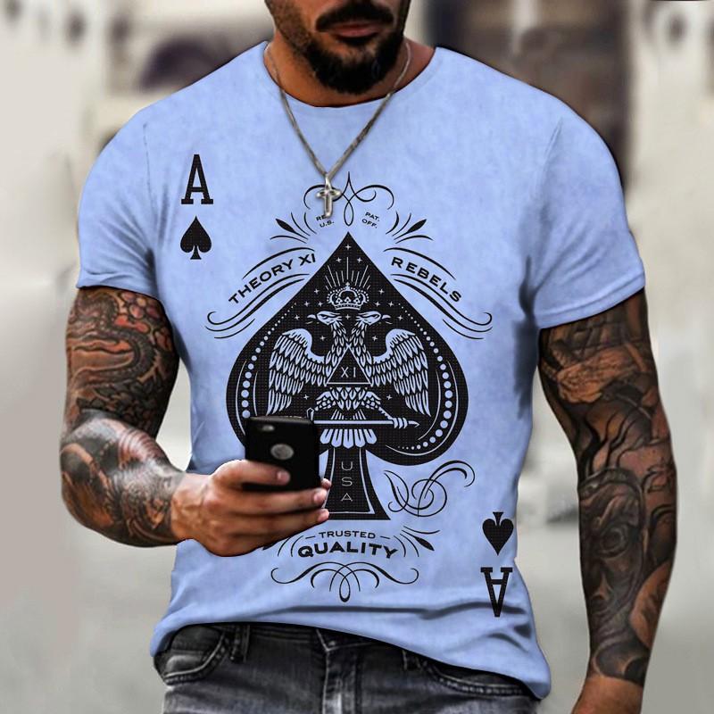 Mens Loose Fit Crew Neck Short Sleeve T-Shirt With 3D Poker Print Digital Lightweight Casual Streetwear