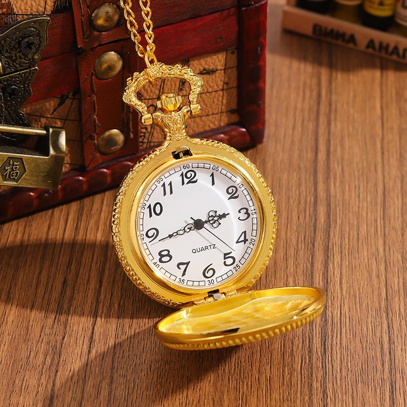 2pcs/set, Men's Pocket Watches, 1PC Men's Luxury Fashion Golden Quartz Pocket Watch & 1PC Mens Classic Golden Cross Necklace,Ideal Choice for Gifts