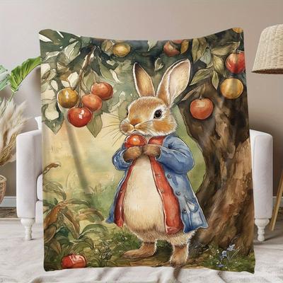 1Pcs Cozy Rabbit Berry Printed Flannel Blanket Lightweight Soft Throw Soft All-Season Bedspread for Couch Camping Travel