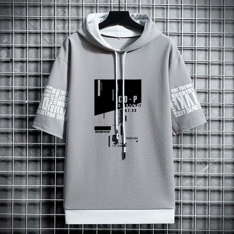 Japan Style Men's Hoodies Fashion Streetwear Short Sleeve Hooded Sweatshirts Men Casual Harajuku Prints Men Clothing Hoodies
