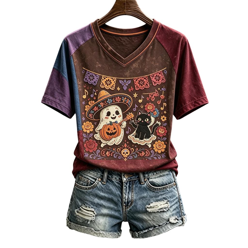 Women's Halloween Print V-Neck T-Shirt Casual Pullover Top
