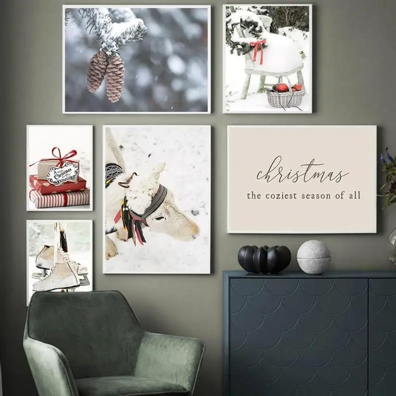 Nordisches Weihnachtsgeschenk Grünes Haus Rentier Eichhörnchen Wandkunst Leinwandmalerei Poster und Drucke Wandbilder für Wohnzimmerdekoration
