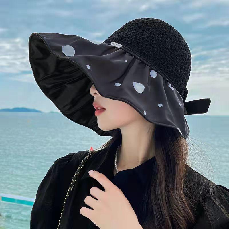

Summer vinyl visor fashion polka dot eaves foldable bucket hat temperament bow beach visor hat One size fits all