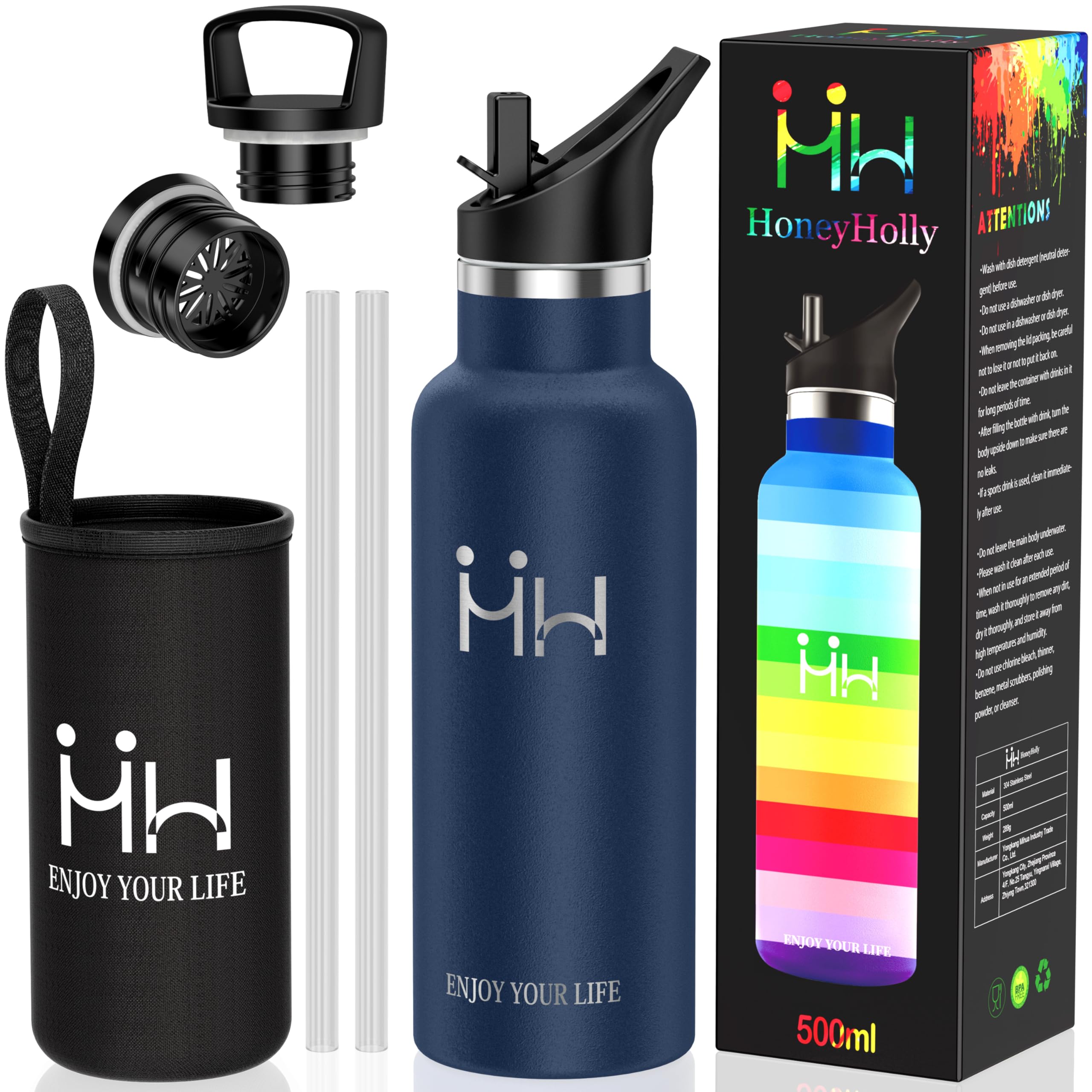 

Kkapping Insulated Water Bottle with Straw, Lightweight 500ml, Stainless Steel Sports Bottle with Two Lids, Strainer, and Cover, Vacuum Insulated,