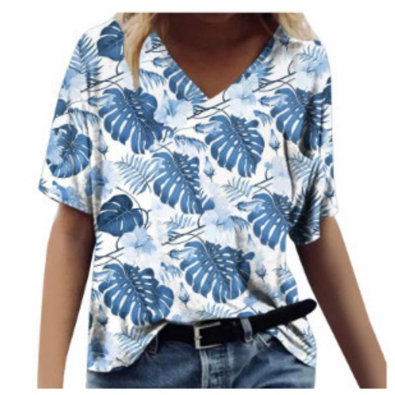 Summer V-neck 3D Feather Flower Printed Top Fashionable Casual Short Sleeved Women's T-shirts