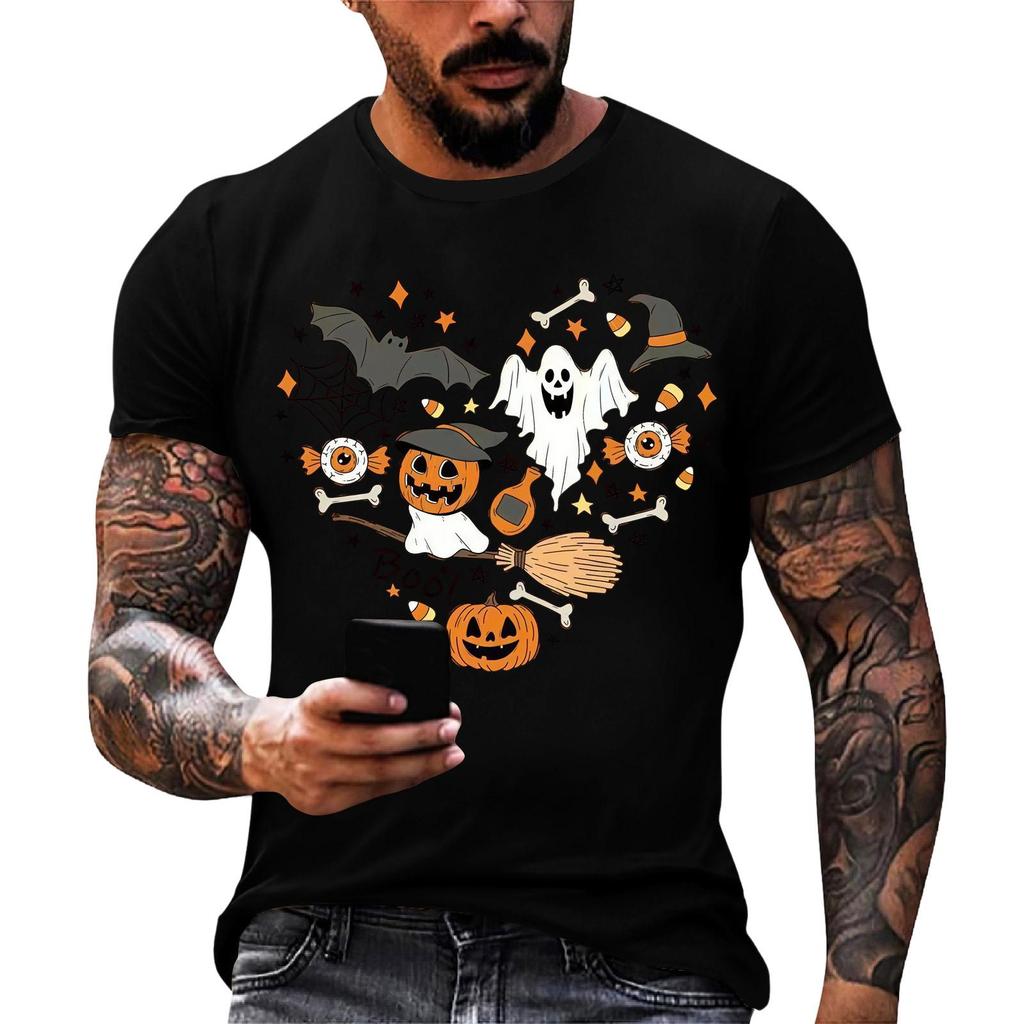 Men Casual Short Sleeve Halloween Print Tee Crew Neck Cotton Fit T Shirt for Everyday Wear and Sports