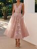 Women's Light Pink Sleeveless Dress with Floral Embroidery and Waist Bow