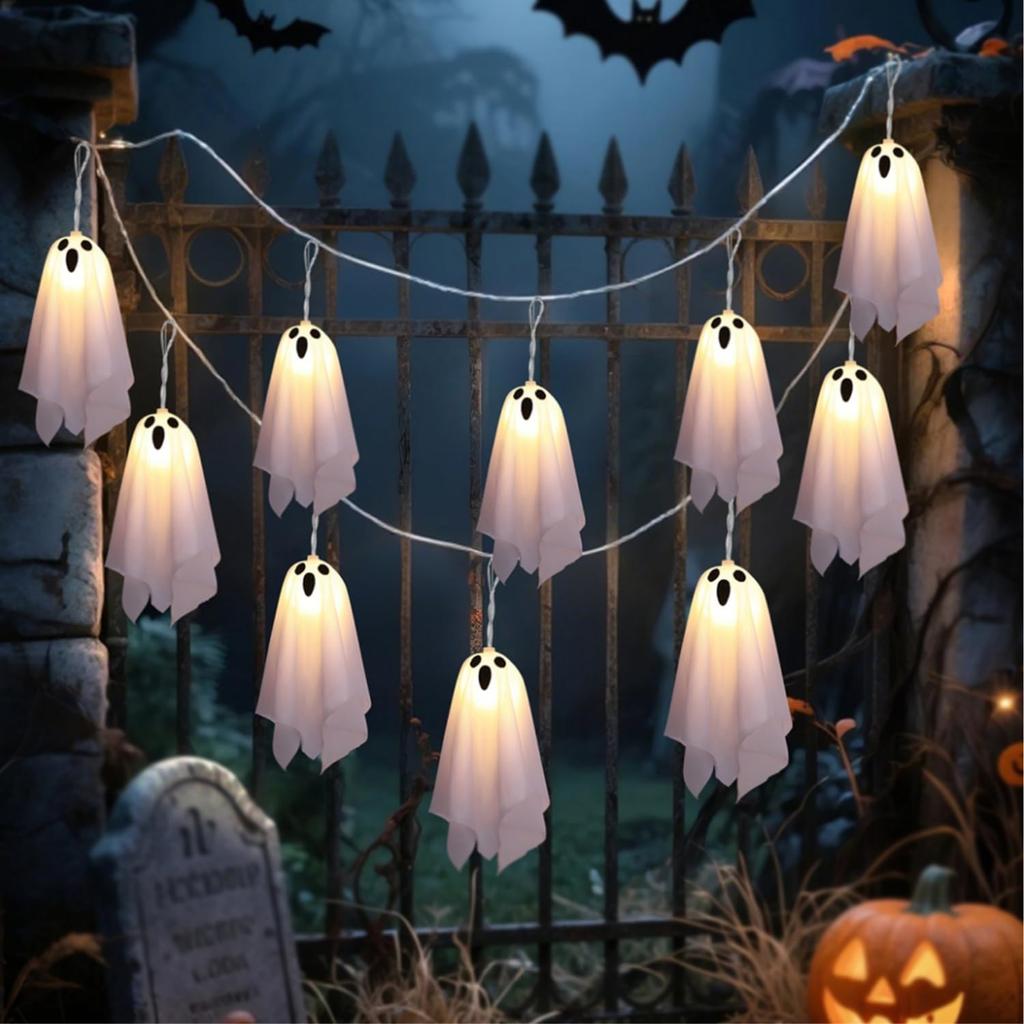 Halloween Ghost Decor - 10 LED Battery Operated Halloween Decorations Lights, 8 Modes Light Up Ghost Garland, LED String Lights Indoor Outdoor for