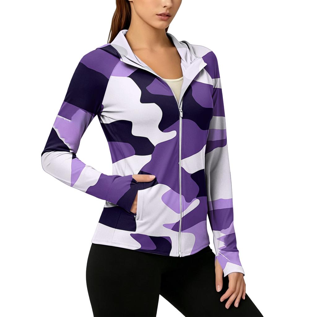 Womens Zip Up Hoodie Lightweight Long Sleeve Camouflage Print Sun Protection Jacket with Hood and Pockets for Outdoor Activities