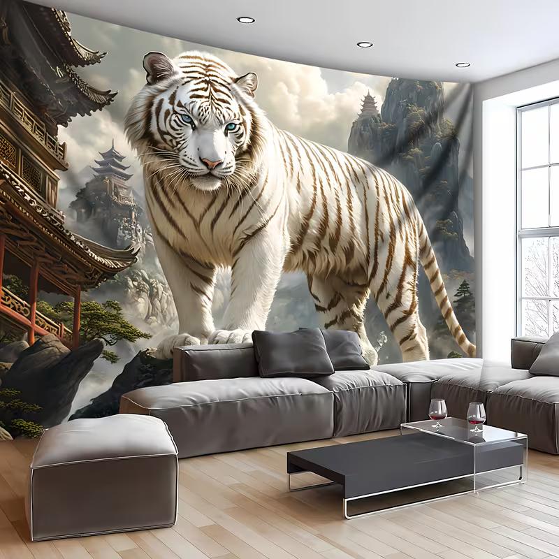 2D Majestic Tiger Backdrop Oriental Misty Mountain Landscape Party Background 47.2x31.5inch/120*80cm