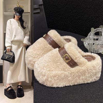 22 Autumn and Winter New Velvet Home Cotton Mop Thick Bottom Heightening Bag Head Fluff Half Slippers Outside Wear