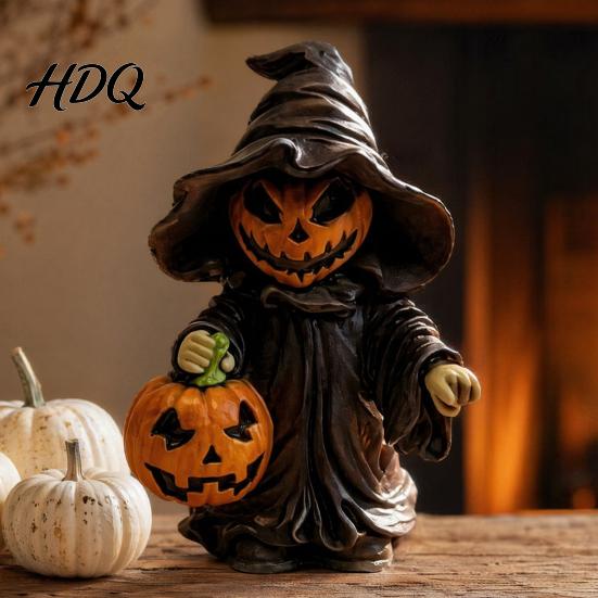 Desktop Halloween Ornament Witch Statue with Pumpkin Cute in Pointed Hat