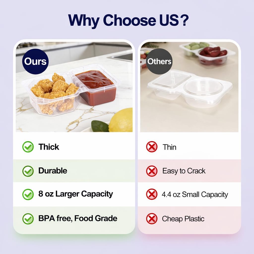 12/24pcs Snack Containers with Lids Thick 8 oz Small Plastic Snack Boxes 2 Compartments Lunch Food Sauce Containers