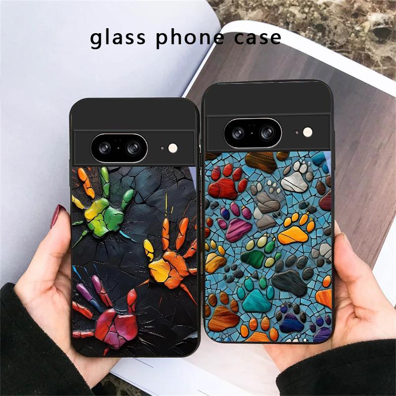 Animal Footprint Stone For Google Pixel 8 7 9 10 Pixel 10 Pro XL Pixel 9 Pro XL Pixel 8a 7a Pixel 7 Pro Black Glass Phone Case