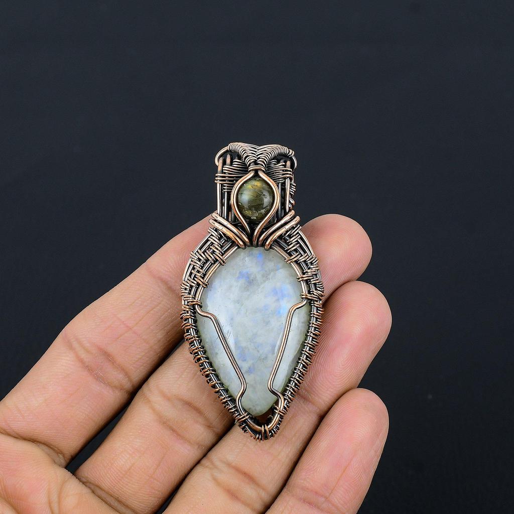 Moonstone & Labradorite 999 Copper Wire Wrapped Pendant, Handmade Gemstone Pendant, Gift For Mom Antique Jewelry