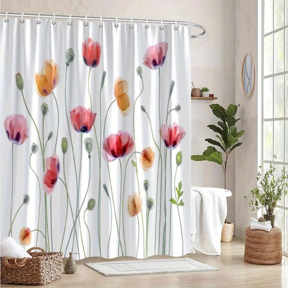 

1 Модна шторка для душу з маками, Машинне прання, Поліестерова тканина, з 12 гачками, Тканий акварельний декор для ванної кімнати 180x180cm