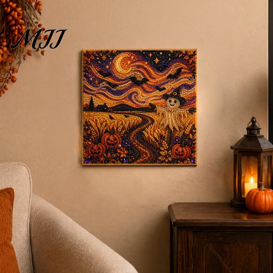 Zestaw Artystyczny z Sztucznymi Perłami Halloweenowy Zestaw DIY, Zestaw do Haftu 3D Koralikami, Upiorny Projekt Relaksujący Stres Duch Koza Wiedźma Sztuka Ścienna, Sezonowa Dekoracja Domu