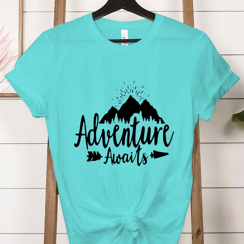 Adventure Awaits Crew Neck Short Sleeve Tshirt Women Mountain Outdoors Hiking Classic Tops Funny Camping Gifts Casual Tshirts