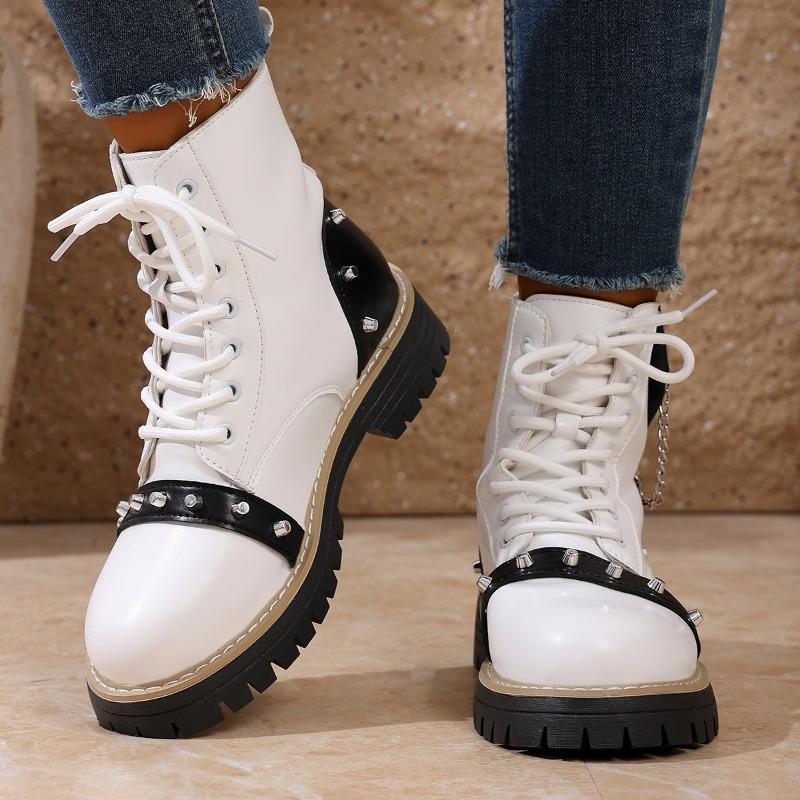 Dámské kotníkové boty na platformě v korejském stylu, punkové šněrovací bojové boty s cvočky, Martinovy boty s přezkou pro ženy