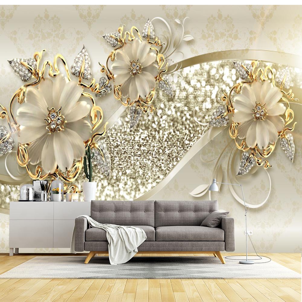 Luxury Golden Rose Jewelry Flower 3d Wallpaper For Living Room Bedroom Floral Wall Murals