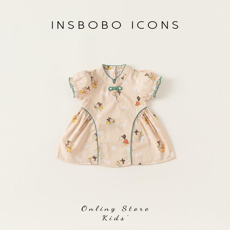 Insbobo Baby Dress Kidsren s New Chinese Style Dress 2026 Summer New Style Girl s National Style Printed Dress Apricot color 73