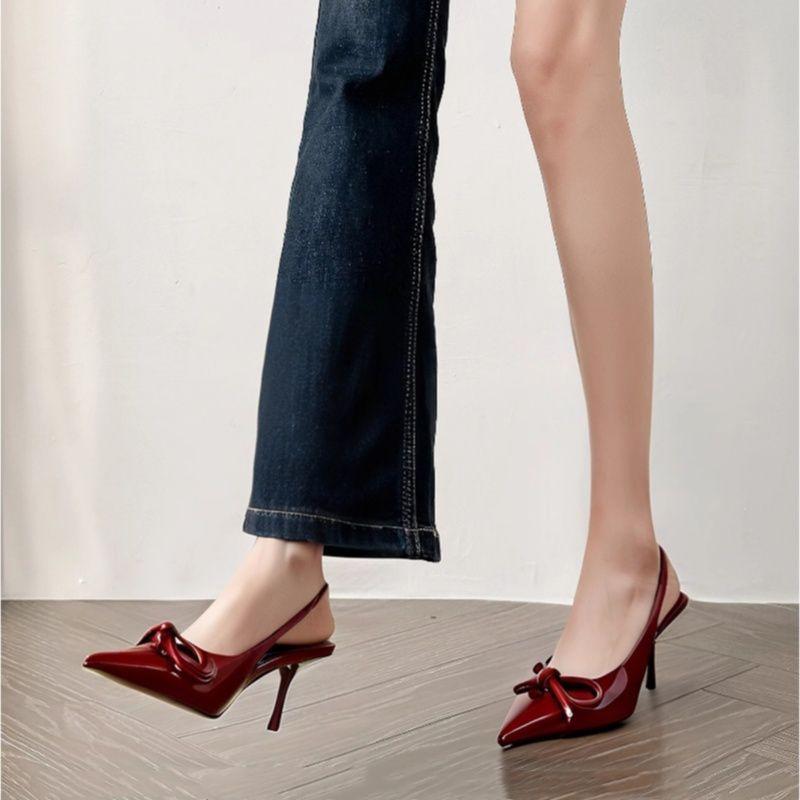 Retro fashion back strap bag head high heel sandals niche bow red pointed single shoes women's 2025 autumn new