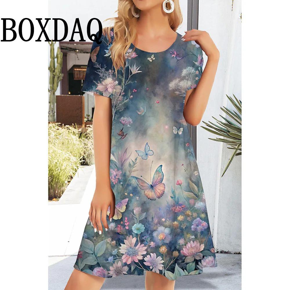 2025 Fashion Personality Butterfly Pattern 3D Printed Round Neck Short-sleeved Dress