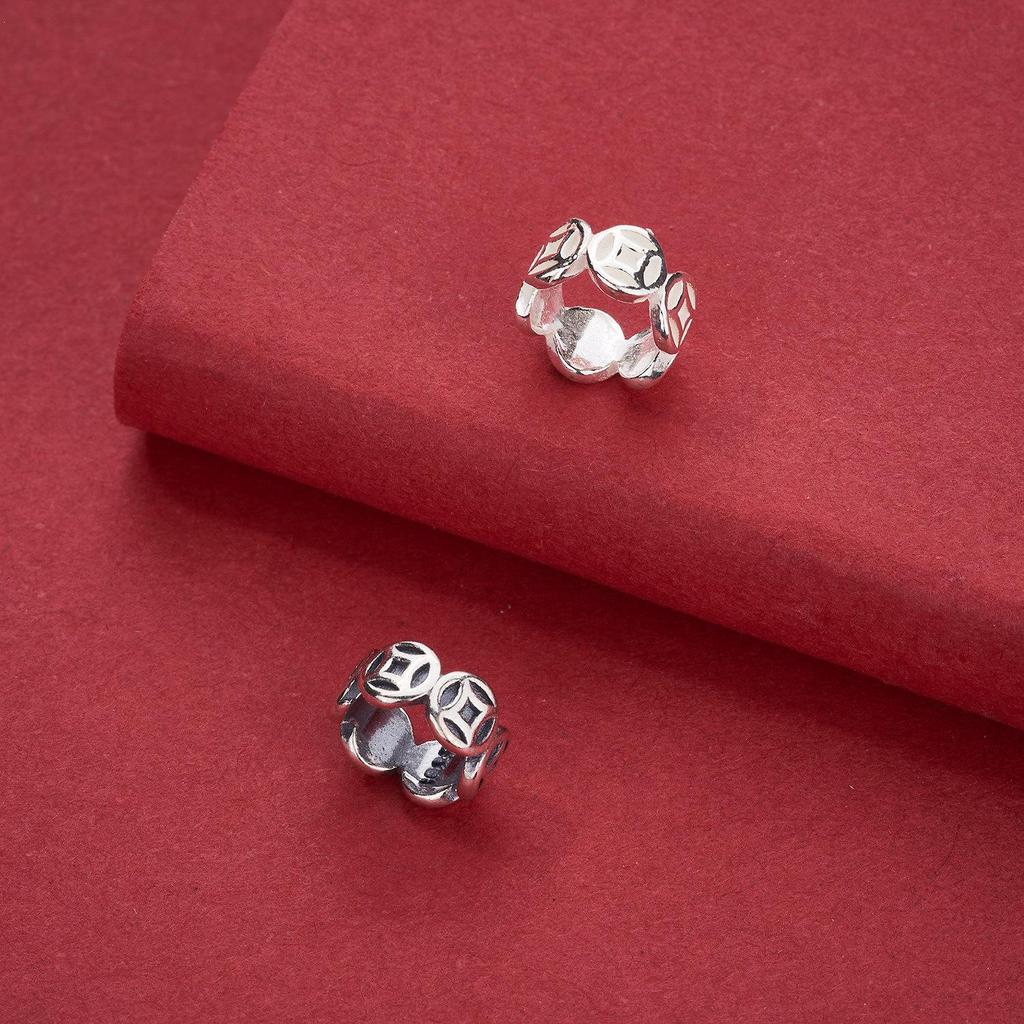 Chinese Style S925 Sterling Silver Large Hole Coin Spacer Wheel Beads for DIY Jewelry Making - Bracelet and Necklace Accessories.