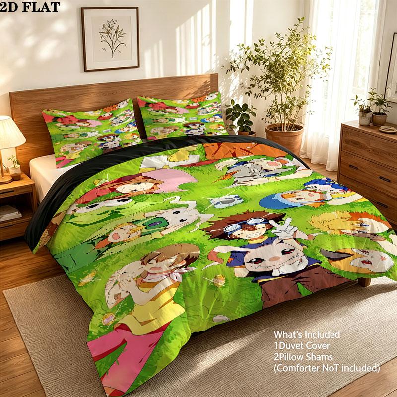 Digimon Adventure Pattern Bedding Quilt Set Quilt Cover Pillowcase Home Birthday Gift(1 * duvet cover + 2 * pillowcase, without core)