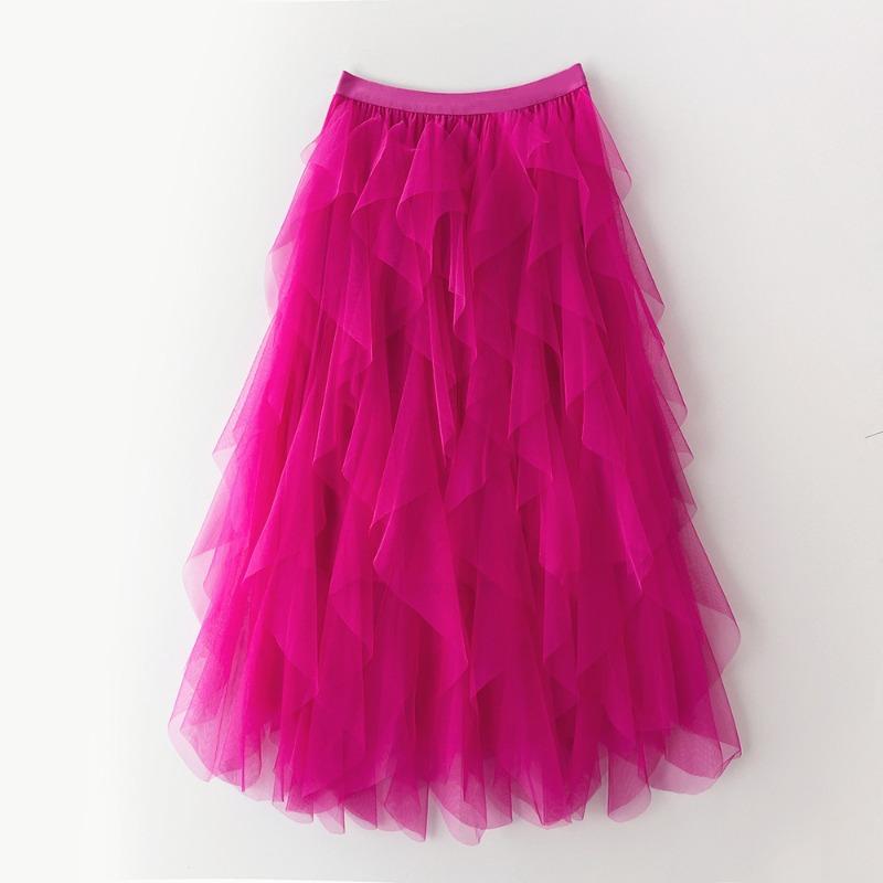 Manufacturer, Elastic Waist Fashionable Versatile and Thin Mesh Stitching Irregular Medium and Long Skirt