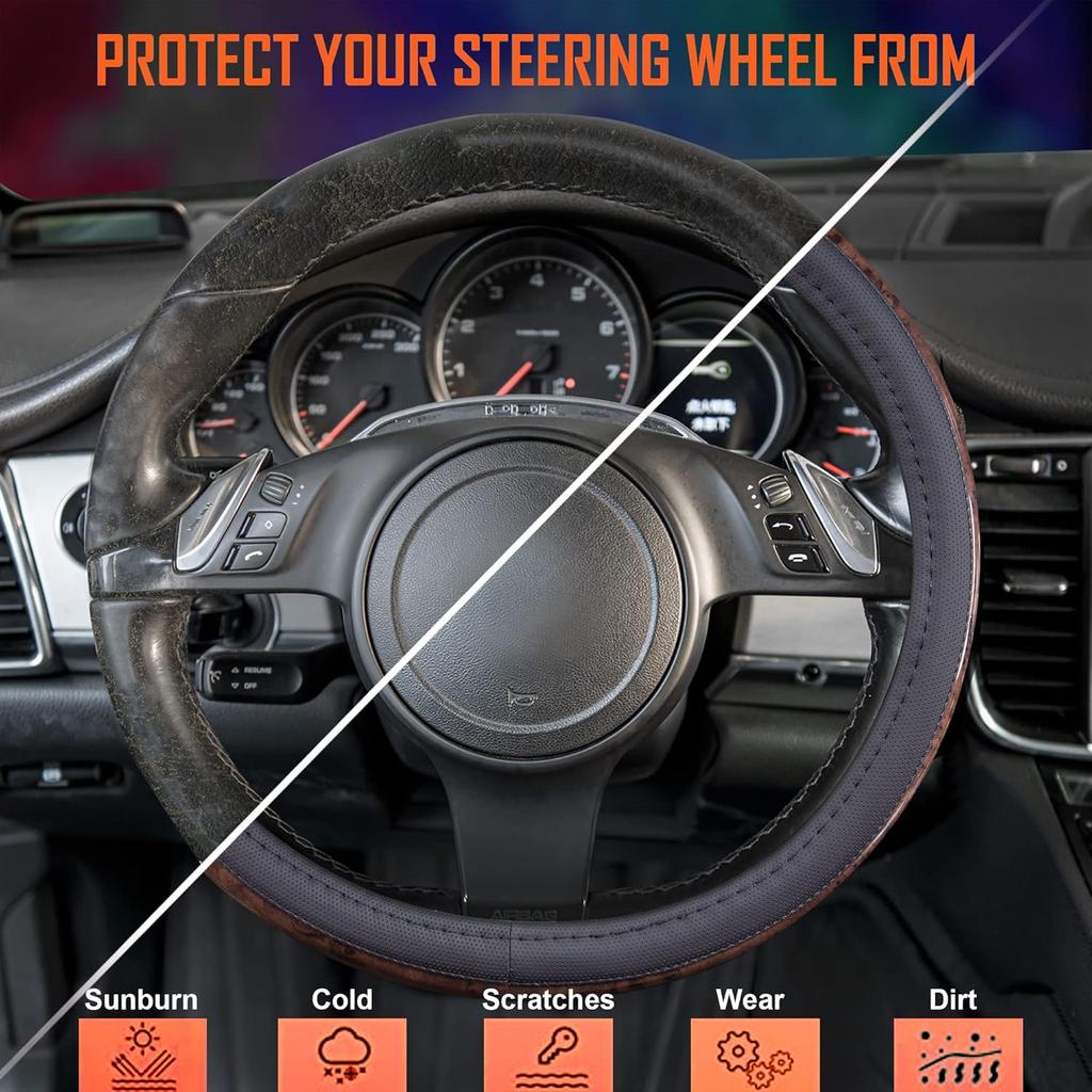 CAR PASS Wood Grain Microfiber Leather Steering Wheel Cover, Universal Fit For 14 1/2-15 Inch Black Steering Wheel, Anti-Skip Ve Design,Cars,