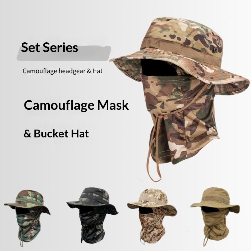 Outdoor Camouflage Taktischer Fischerhut Kapuzen-Set Gesichtsmaske Sonnenschutz Polyester Vier Jahreszeiten für Radfahren Bergsteigen