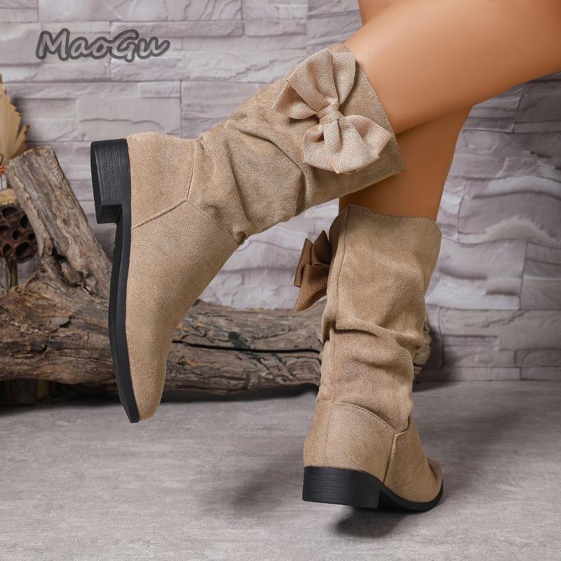 Fashion 2025 Autumn New Women's Mid-calf Boots Slip on Pleated Bowknot Short Boots Fashion PU Suede Ladies Botas Para Mujer Large Size36