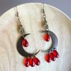 Gothic Bronze Bat Earrings, Moon and Drops, Red Crystal Magic