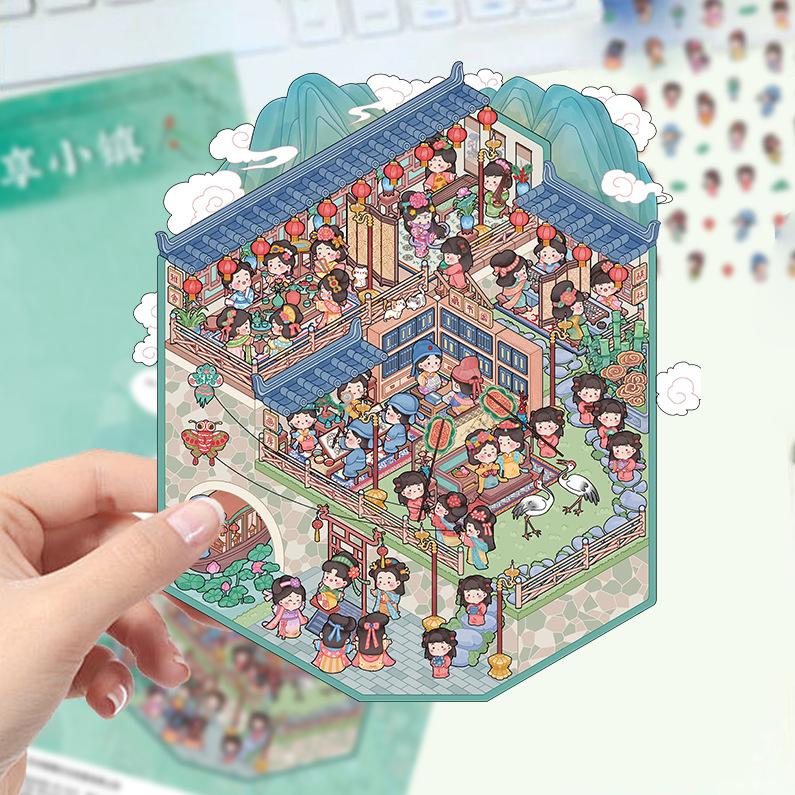 Kreslené krajinné samolepky Vícenásobný miniaturní svět 3D chata Rozbalit DIY scéna Ruční příspěvek