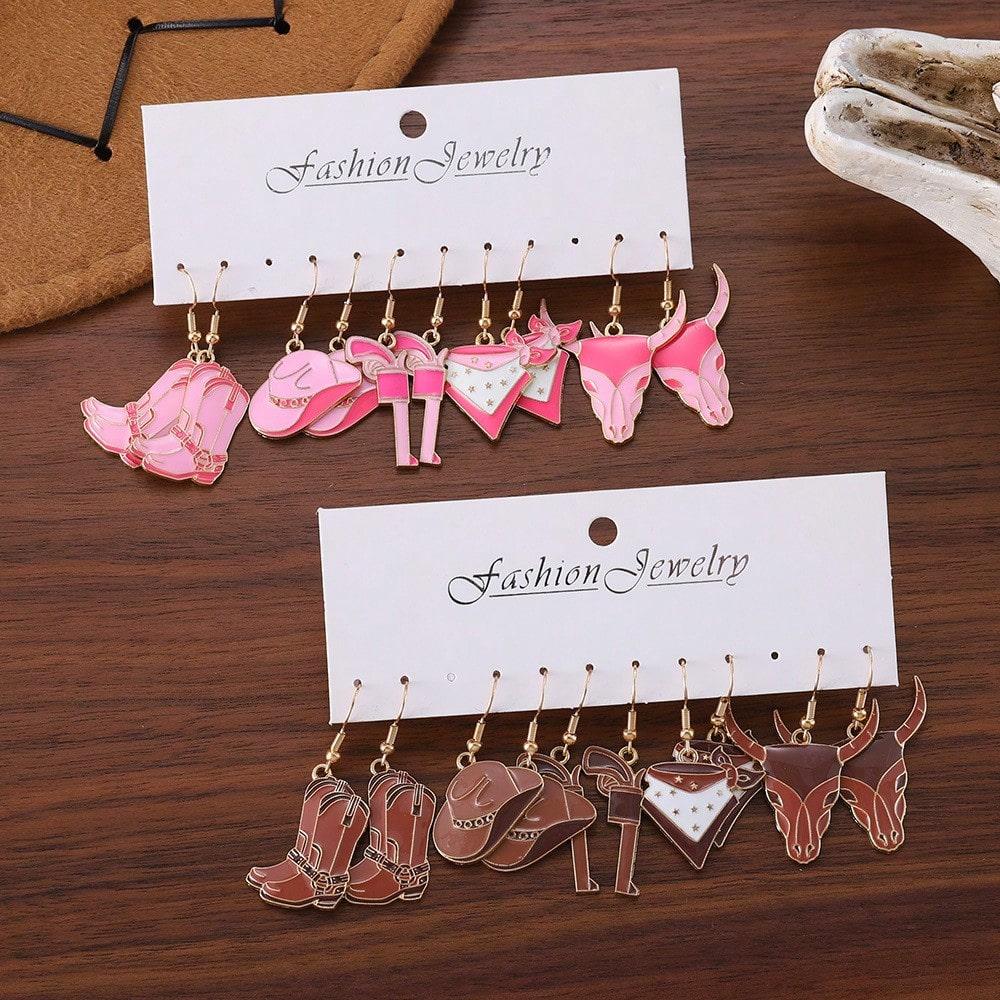 5pair / Set Western Charms Pendants Earrings Cowboy Cowgirls Series Boots, Hats, Pistols, Bull Heads, Scarves, Earrings Jewelry Gift