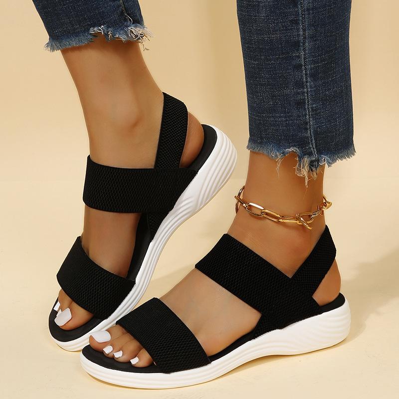 Sandals For Women Summer Flats Sandals Fish Mouth Elastic Strap Roman Ladies Beach Sandals Larger Size 42 43