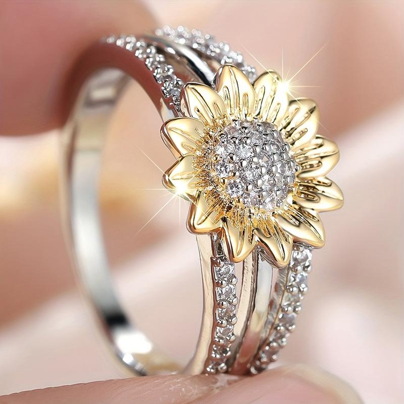 Summer small fresh flower index finger ring, exquisite sunflower full diamond super flash two-color ring, popular