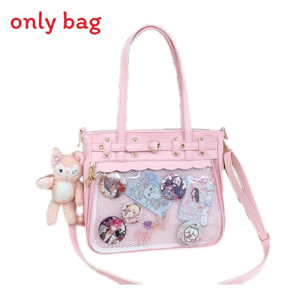 Color Solid Heart Shaped Decor Women Tote Bag With Transparent Compartment
