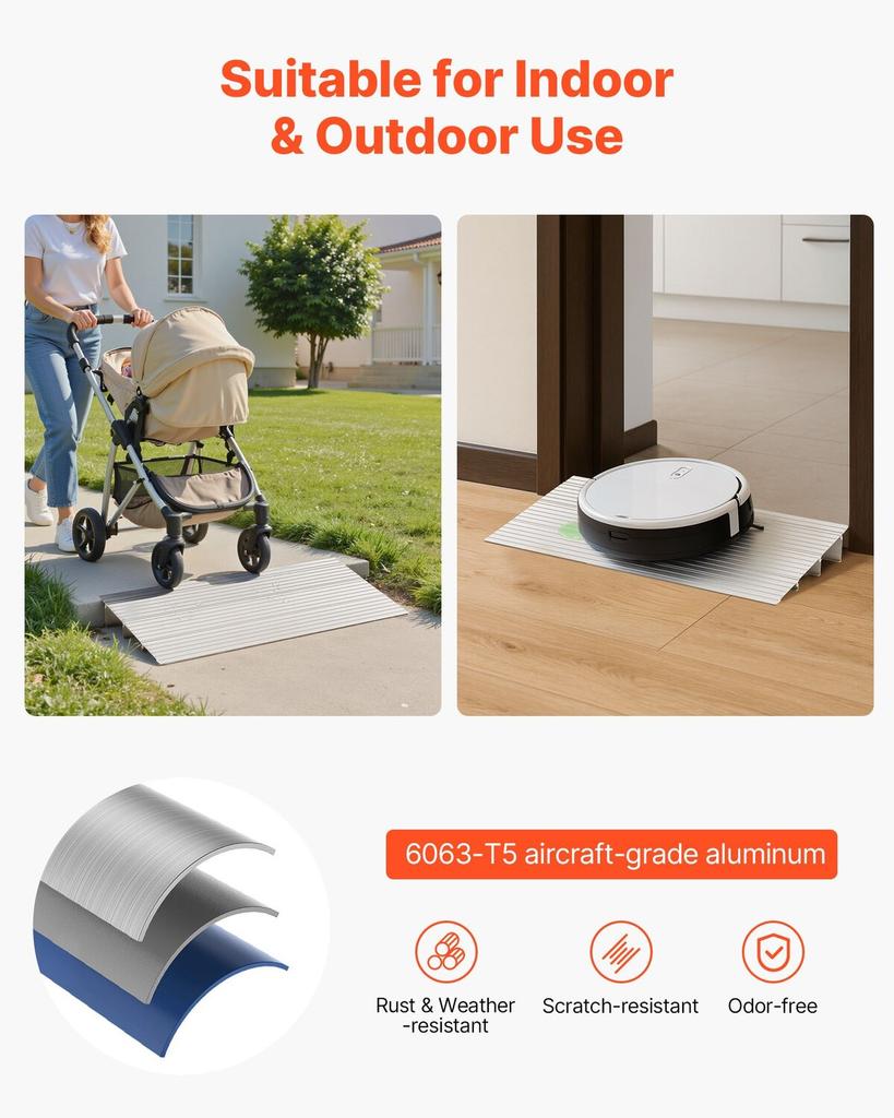 Door Threshold Ramp, 87 Mm Rise, Aluminum Alloy Threshold Ramp Rated 363 Kg Load Capacity, Handicap Ramps for Home Steps for Wheelchair, Scooters,