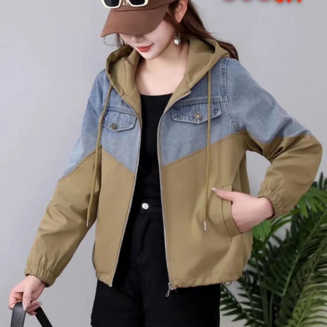 

Short Denim Stitching Jacket Women s Spring and Autumn Fashion Loose Casual Hooded Top XS чорний