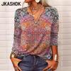 Damenmode Casual Frühling Herbst Print Langarm V-Ausschnitt Pullover & Langarm